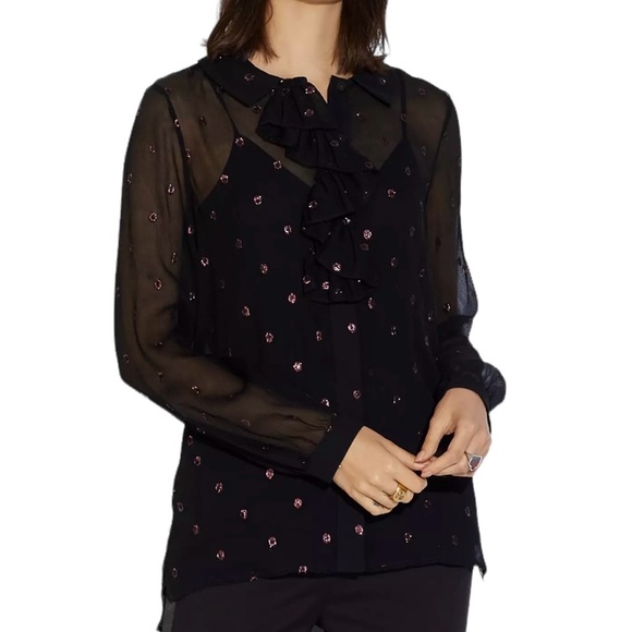 Coach Silk Blouse Black Long Sleeve Sheer Cami Ruffle Front Button Down Top New! - Picture 15 of 15